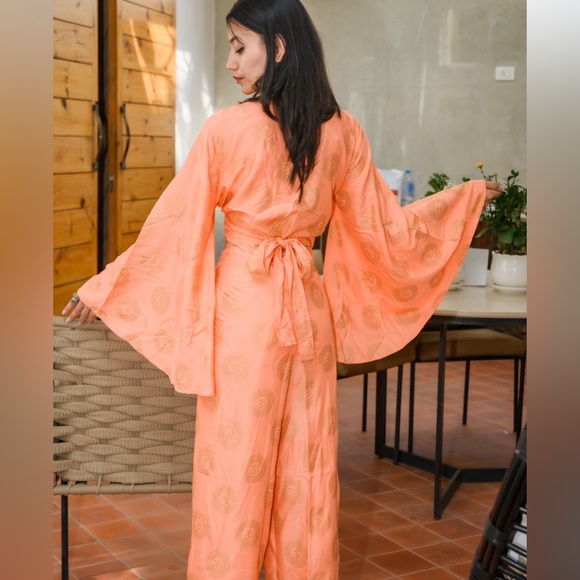 Wrap Around Wide Legged Pant and Butterfly Sleeves Open Front Top Set - Picture 3 of 6